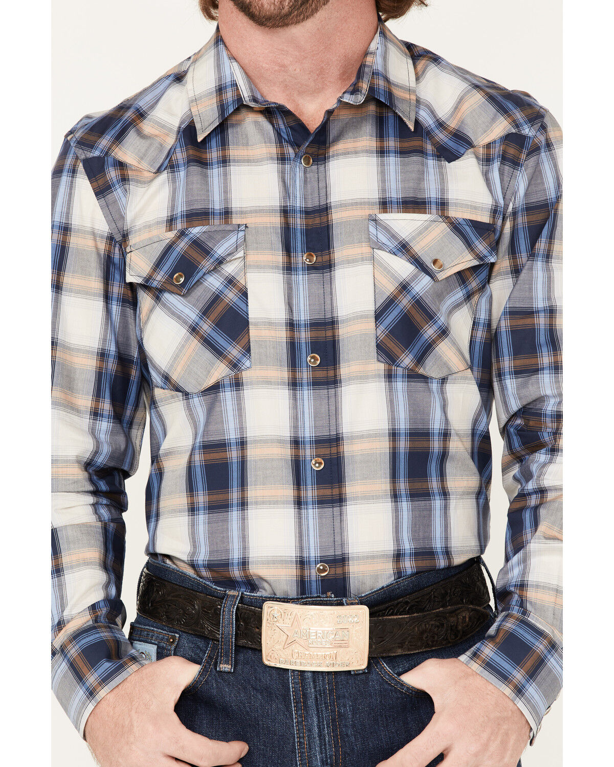 Image #3 - Pendleton Men's Bishop Large Ombre Plaid Long Sleeve Western Shirt, Navy, hi-res
