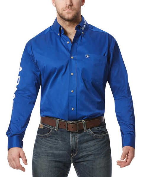 Ariat Men's Solid Twill Team Logo Long Sleeve Button-Down Western Shirt, Blue, hi-res