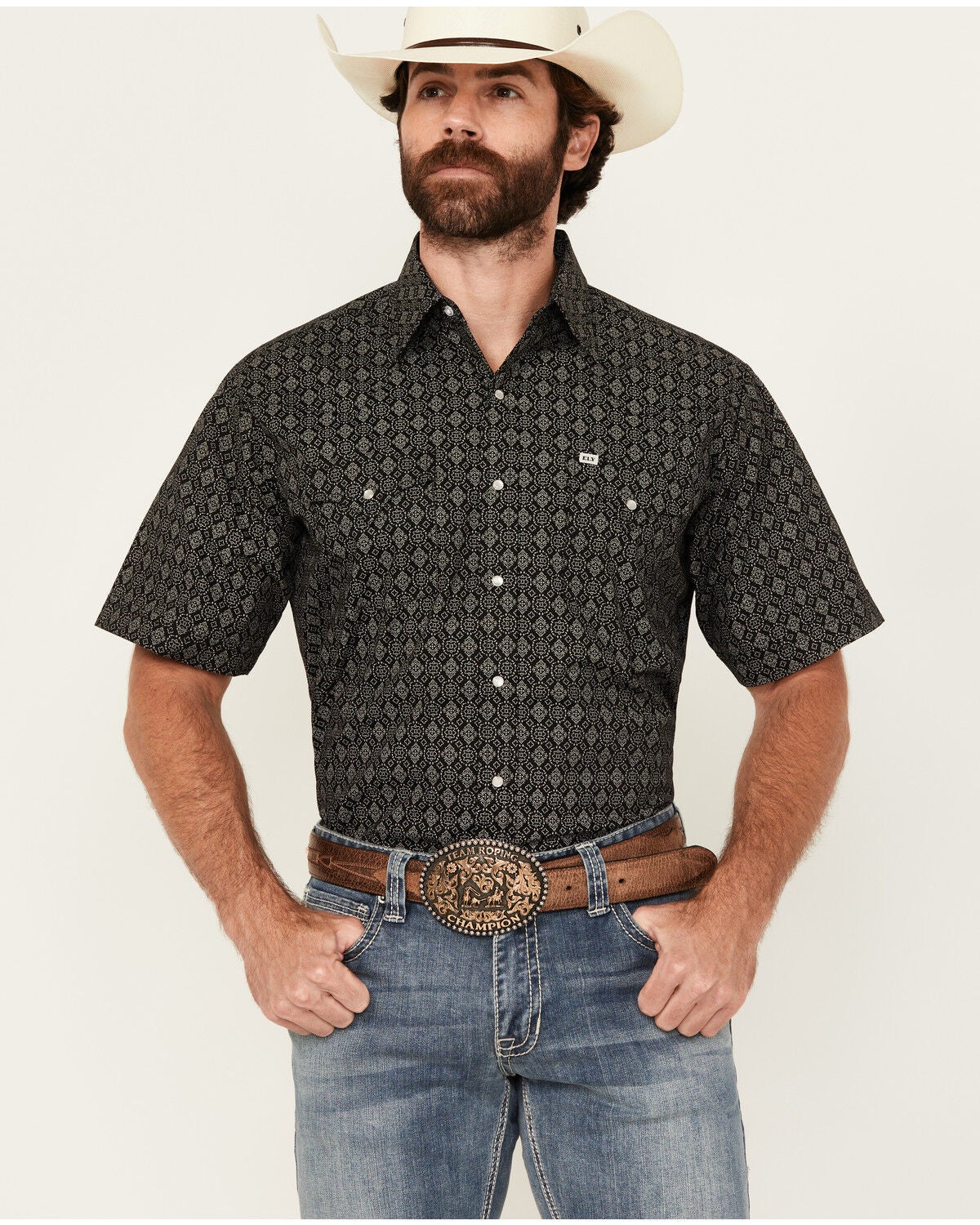 Ely Walker Men's Geo Print Short Sleeve Snap Western Shirt, Black, hi-res