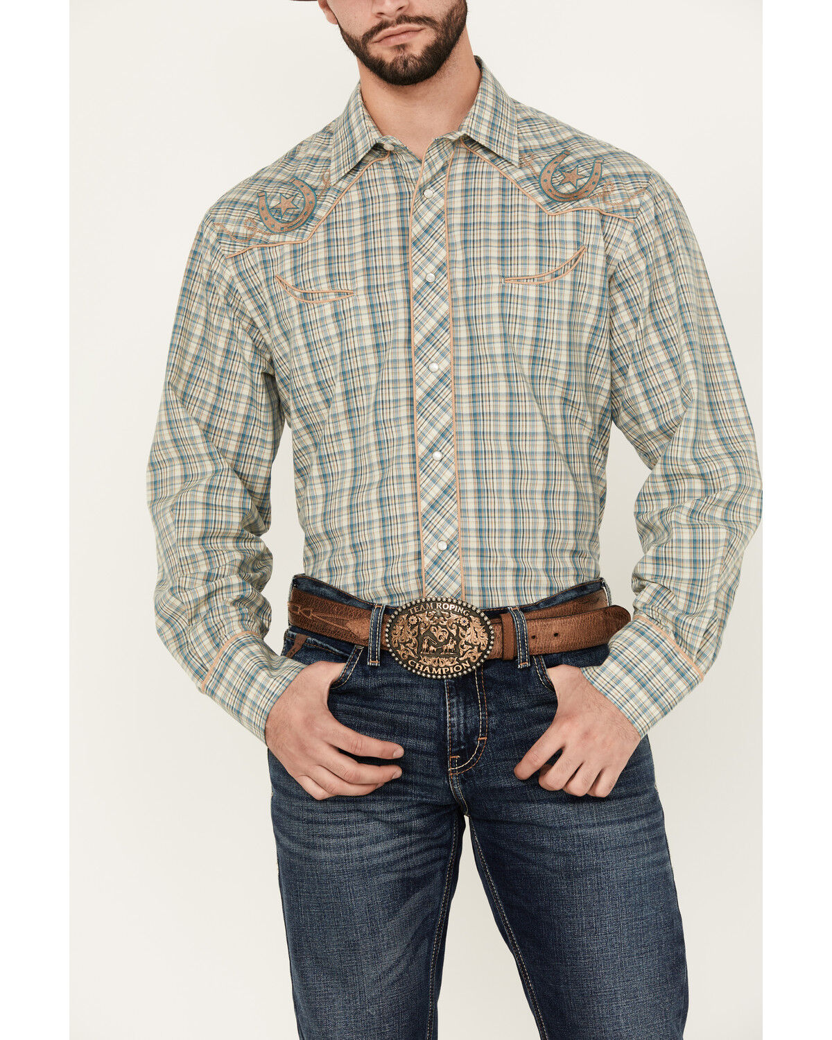 Image #3 - Roper Men's Plaid Print Embroidered Long Sleeve Pearl Snap Western Shirt, Teal, hi-res