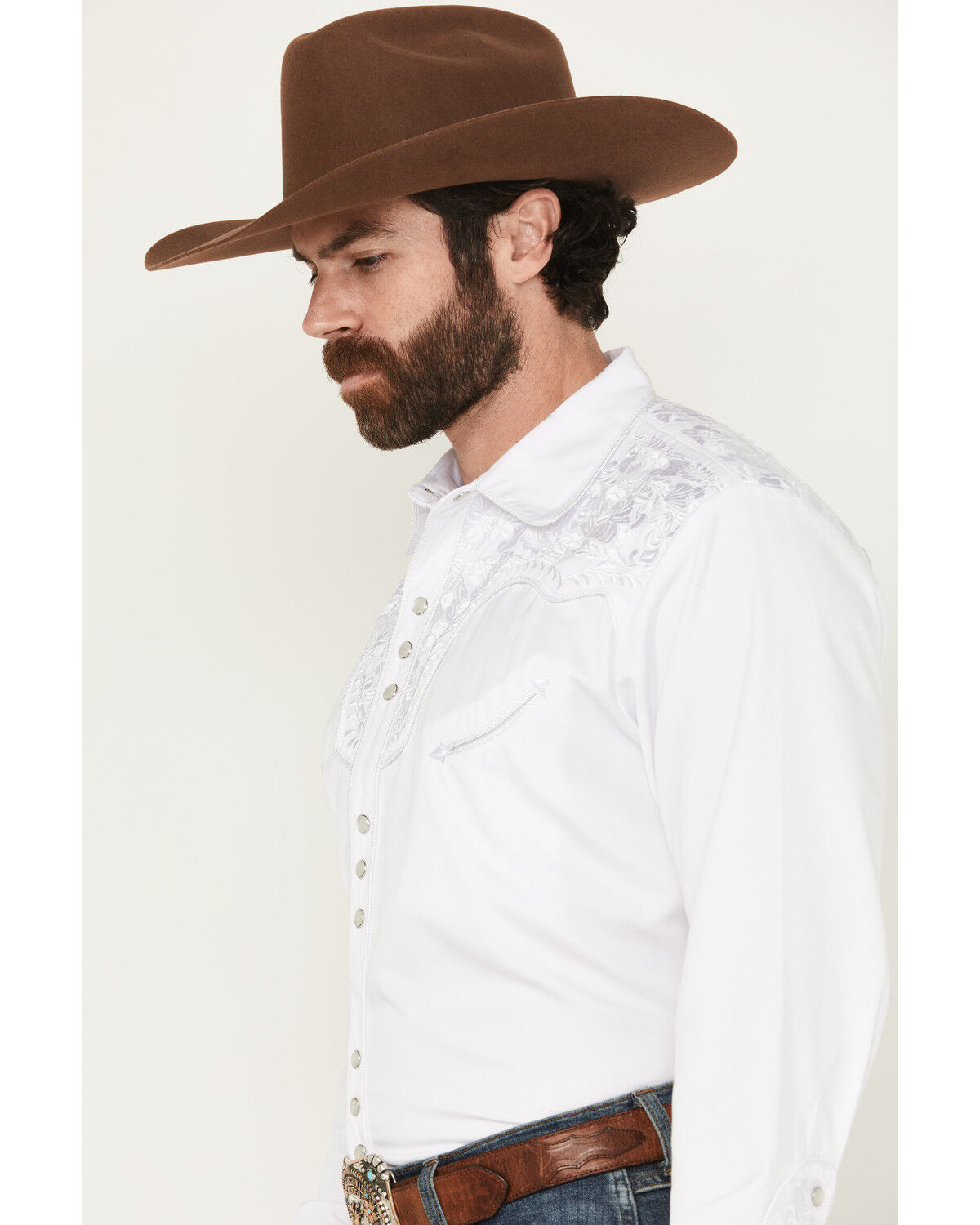 Image #2 - Scully Men's Embroidered Gunfighter Long Sleeve Pearl Snap Western Shirt, White, hi-res