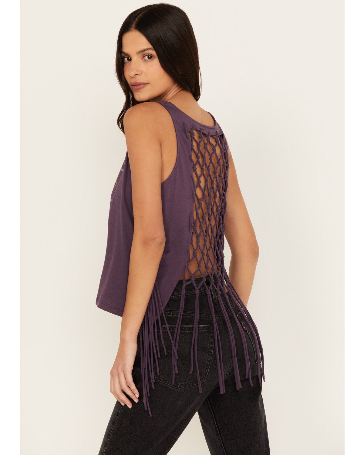 Shyanne Women's Cage Back Graphic Tank, Purple, hi-res