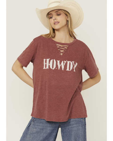 Blended Women's Howdy Rhinestone Short Sleeve Graphic Tee, Red, hi-res
