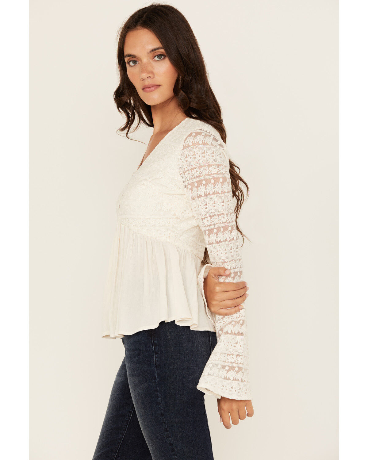 Image #2 - Shyanne Women's Lace Long Sleeve Button-Down Shirt, Off White, hi-res