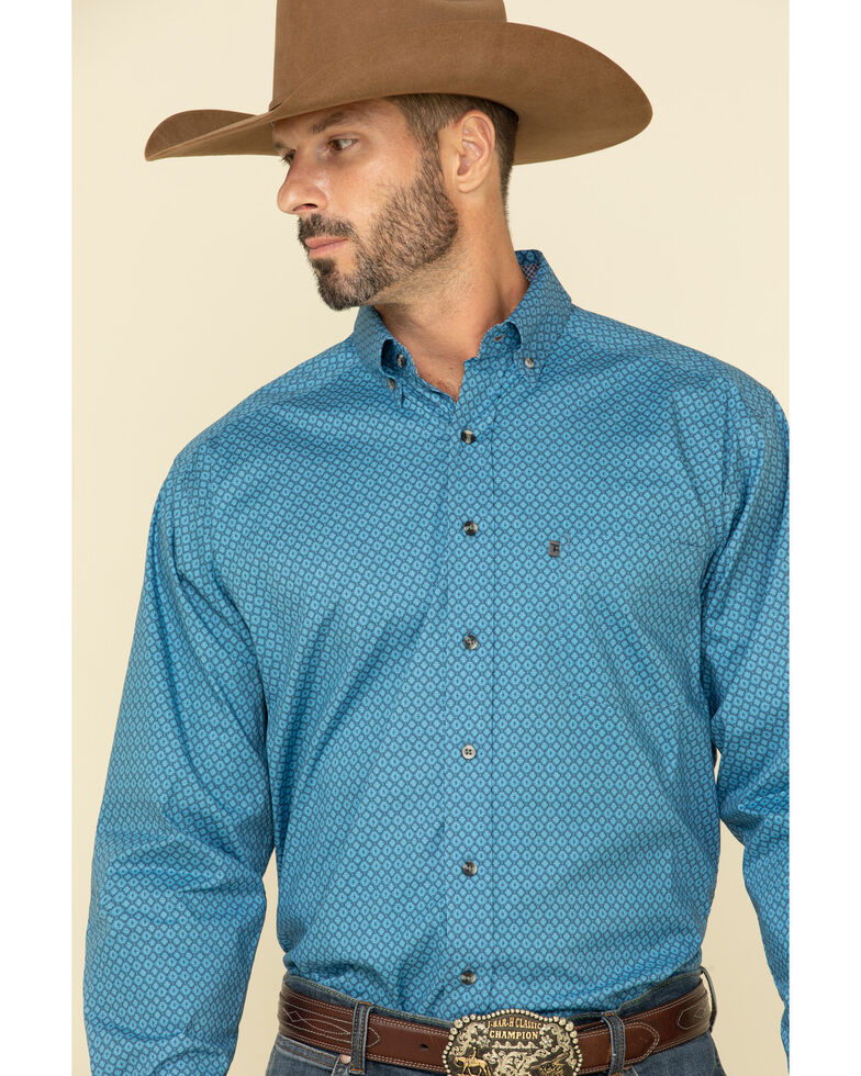 Tuf Cooper Men's Stretch Poplin Geo Print Long Sleeve Western Shirt , Blue, hi-res