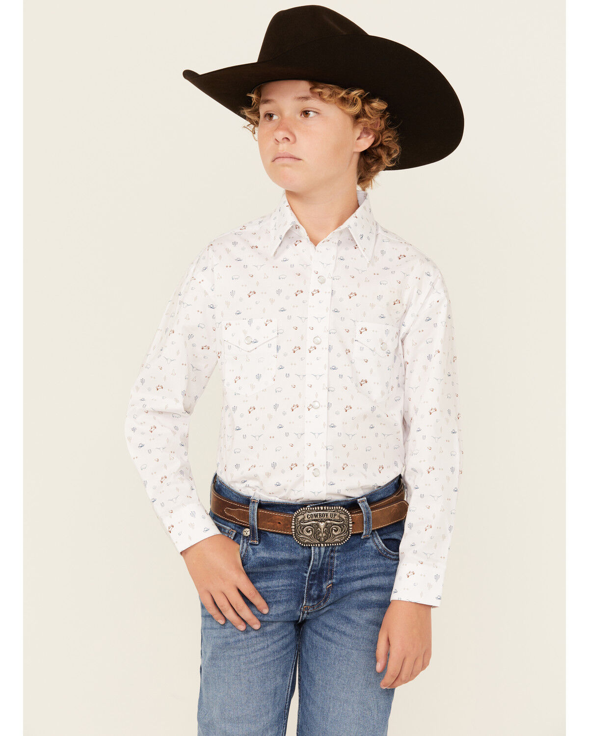 Image #1 - Panhandle Boys' Conversation Print Long Sleeve Snap Western Shirt, White, hi-res