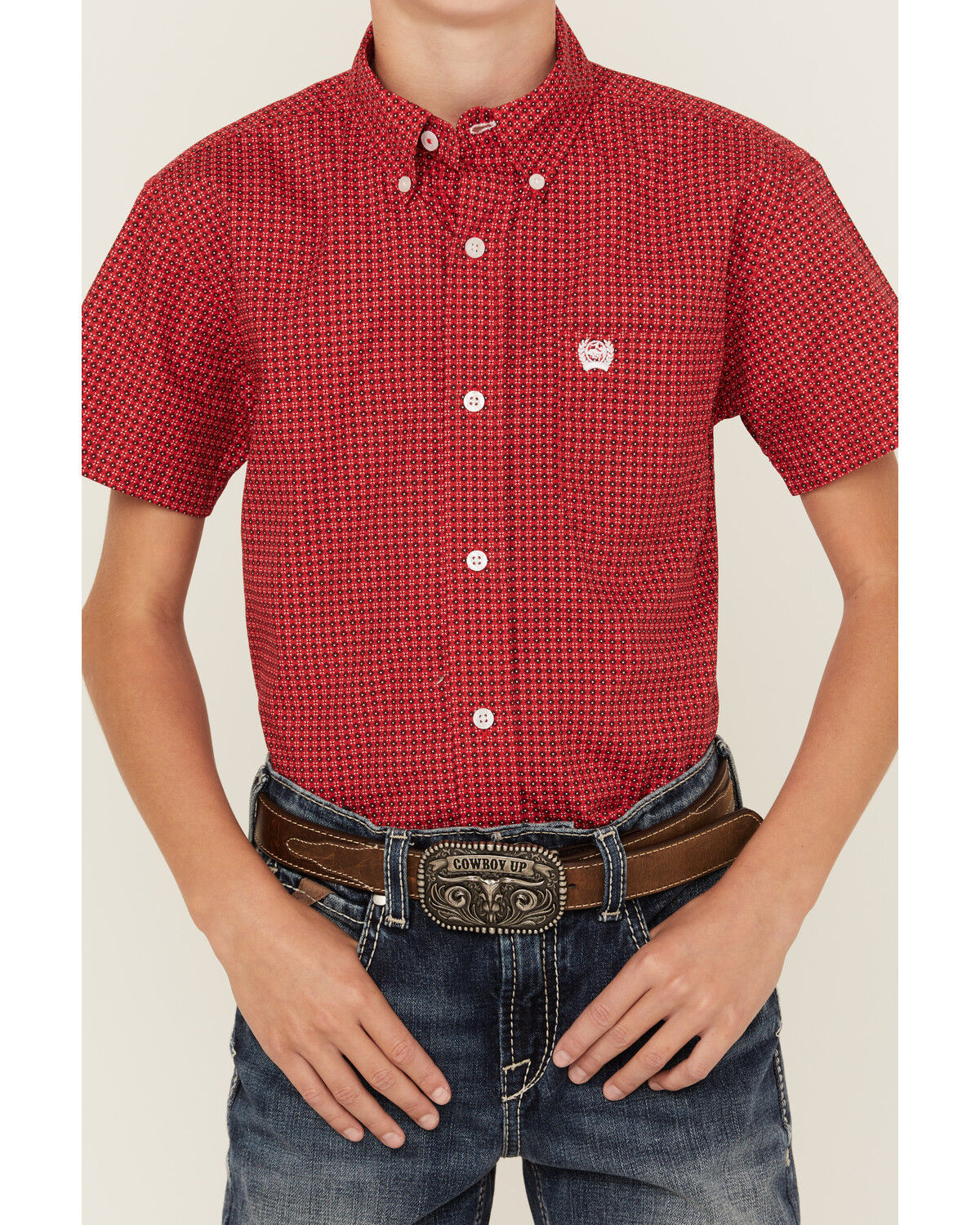 Image #3 - Cinch Boys' Geo Print Short Sleeve Button-Down Western Shirt, Red, hi-res