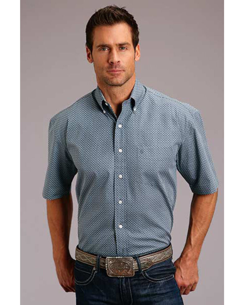  Stetson Men’s Classic Neat Geo Print Short Sleeve Western Shirt , Blue, hi-res
