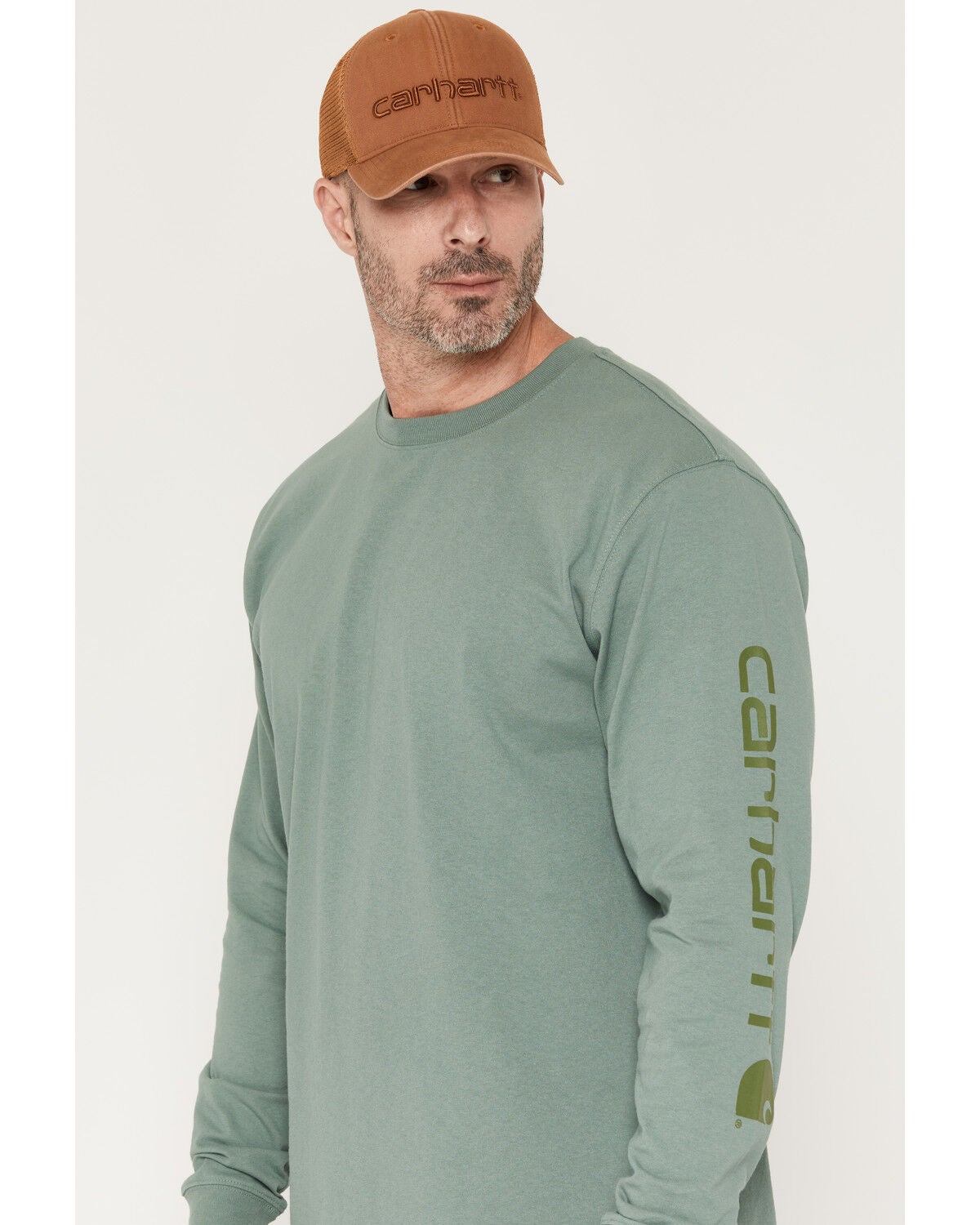 Image #1 - Carhartt Men's Deerborn Logo Loose Fit Long Sleeve Graphic T-Shirt, Sage, hi-res