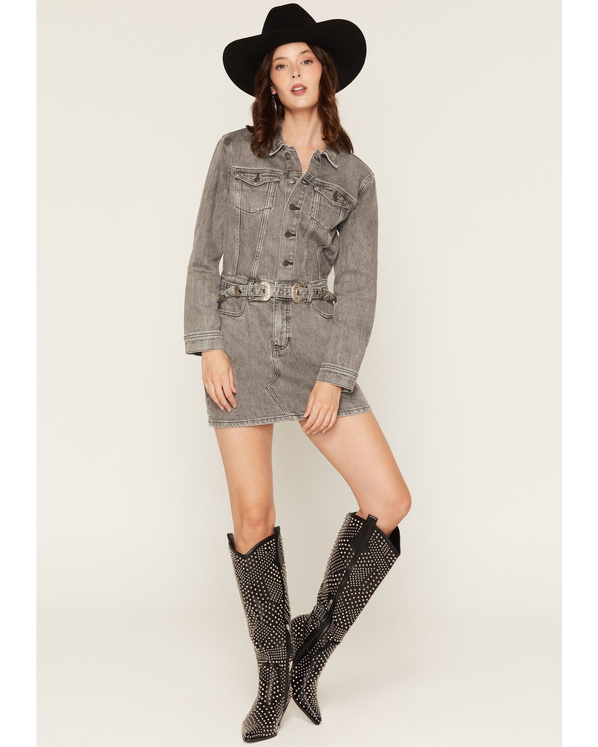 Rock & Roll Denim Women's Double Western Buckle Long Sleeve Denim Mini Dress, Black, hi-res