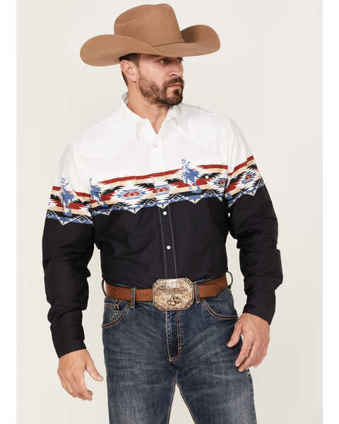 Roper Men's Running Horse Southwestern Border Print Long Sleeve Snap Western Shirt , Black, hi-res