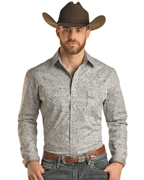 Rough Stock by Panhandle Men's Paisley Print Long Sleeve Snap Stretch Western Shirt - Big , Blue, hi-res