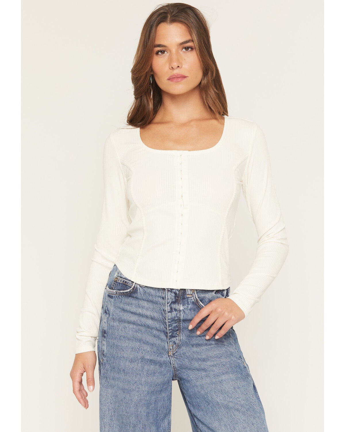 Shyanne Women's Long Sleeve Corset Ribbed Top, Cream, hi-res
