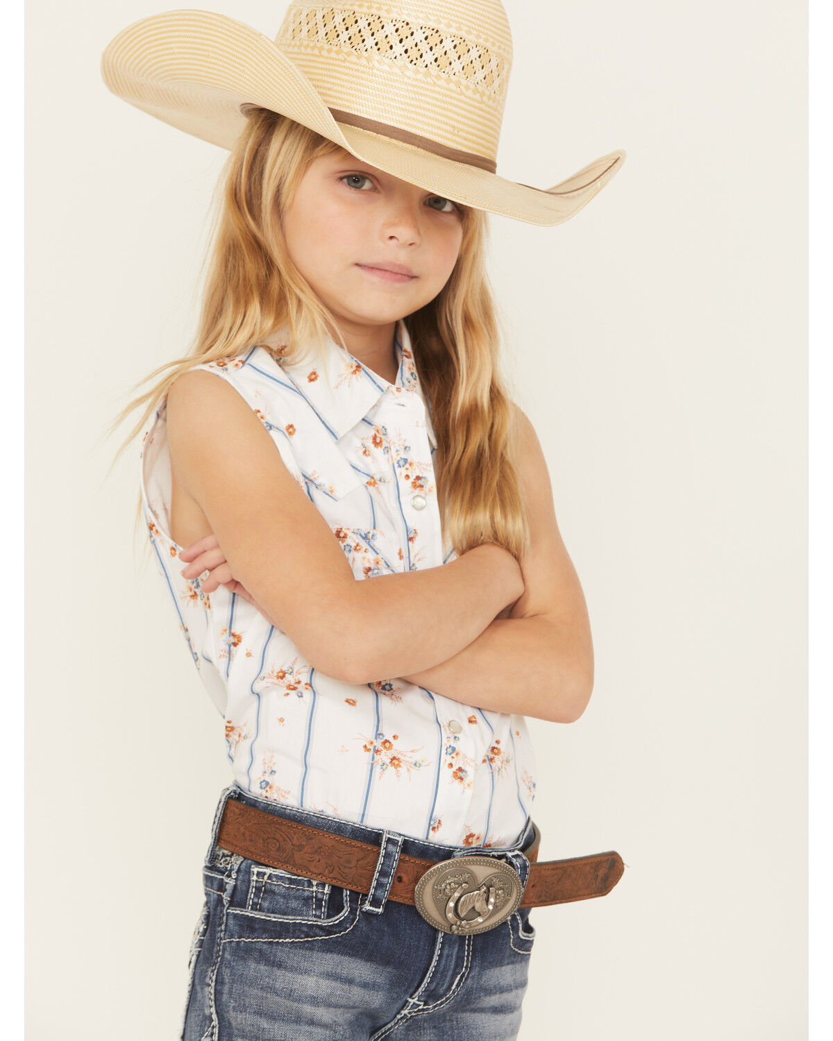 Image #2 - Ely Walker Girls' Wallpaper Floral Sleeveless Snap Western Shirt, White, hi-res