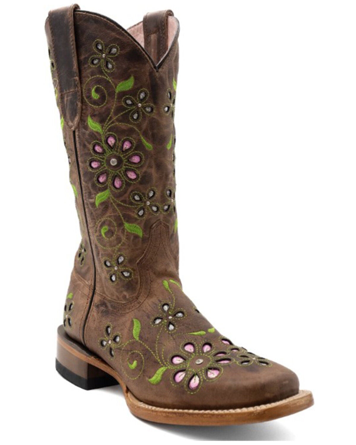 Ferrini Women's Blossom Inlay Western Boots - Broad Square Toe, Brown, hi-res