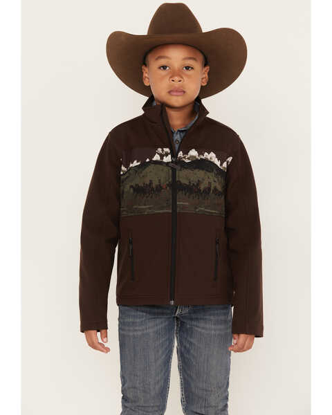 Image #1 - Cody James Boys' Western Scenic Print Softshell Jacket, Brown, hi-res
