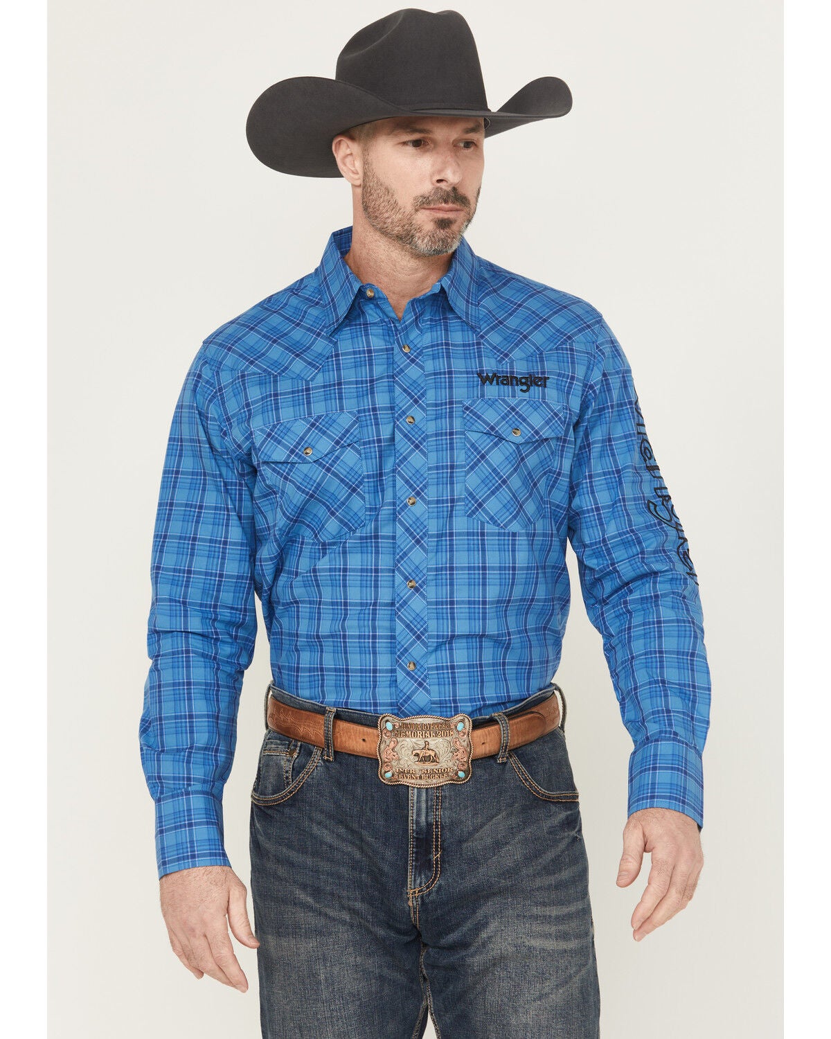 Image #1 - Wrangler Men's Plaid Print Logo Long Sleeve Snap Western Shirt, Blue, hi-res