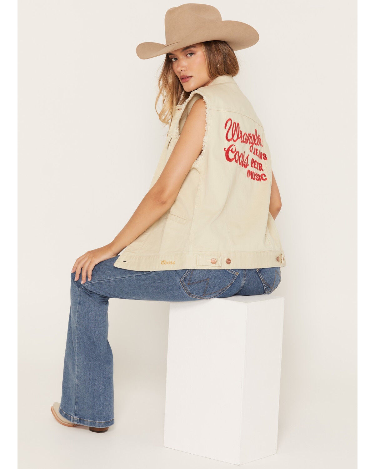 Image #1 - Wrangler X Coors Banquet Women's Embroidered Denim Vest, Ivory, hi-res