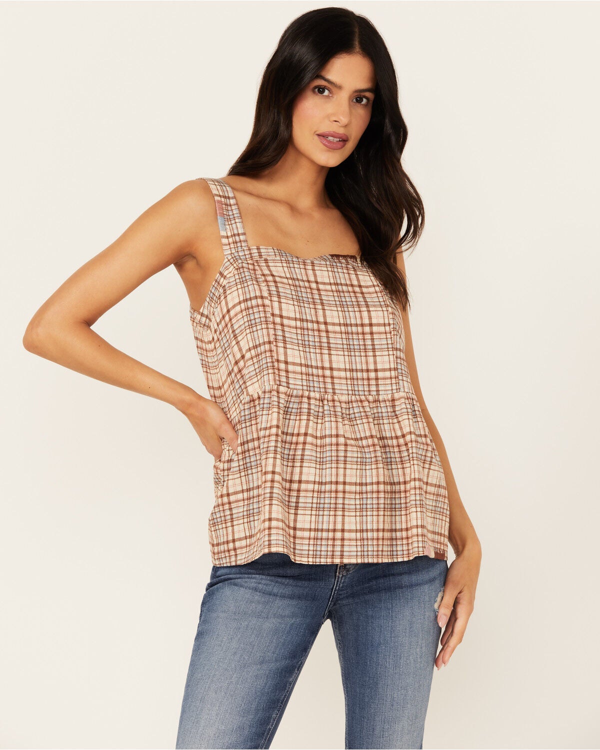 Image #1 - Cleo + Wolf Women's Beverly Plaid Print Sleeveless Tank, Oatmeal, hi-res