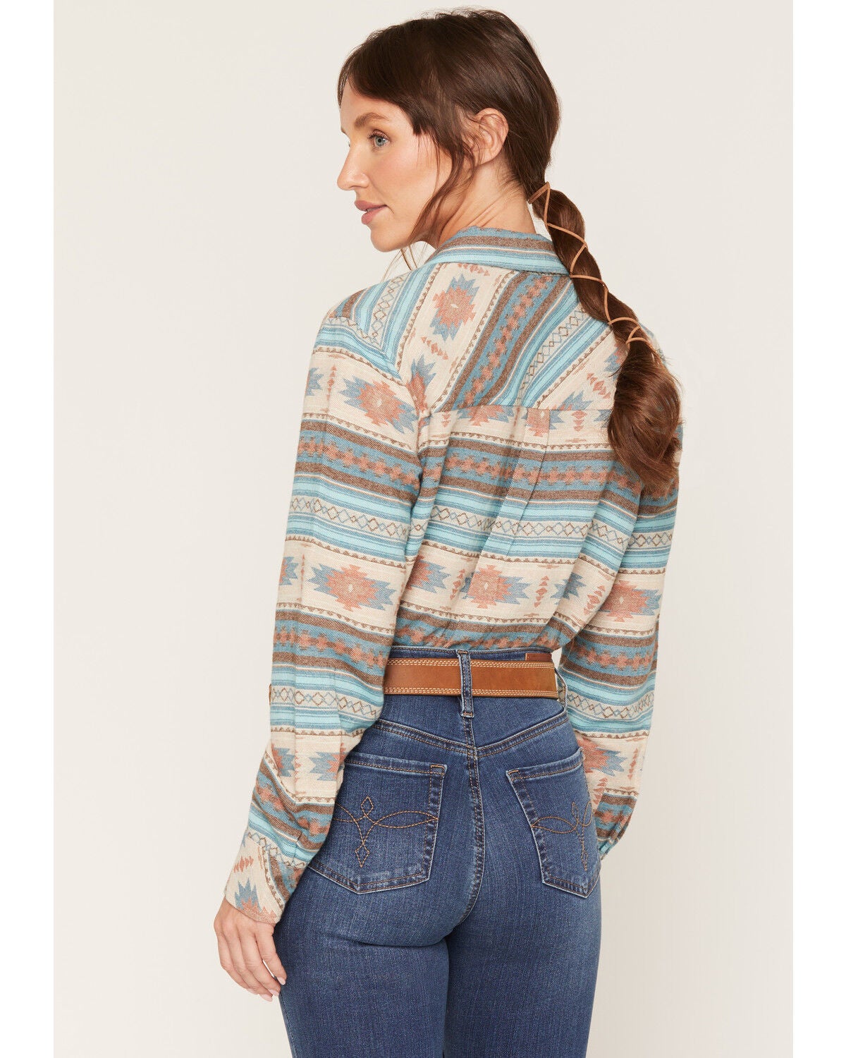 Image #4 - Shyanne Women's Farris Southwestern Print Long Sleeve Relaxed Flannel Shirt, Royal Blue, hi-res