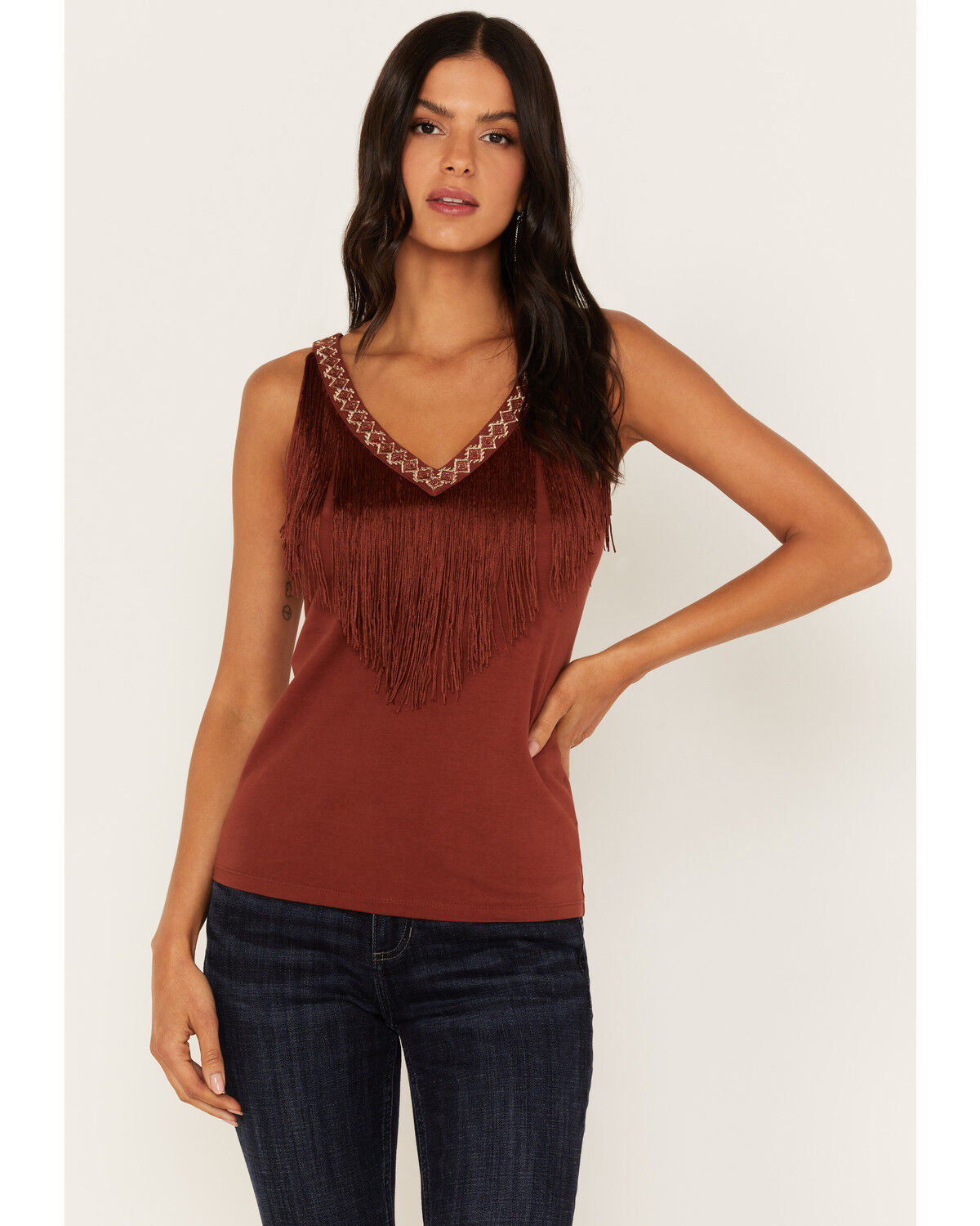 Image #1 - Idyllwind Women's Songstress Embroidered Fringe Tank Top, Brandy Brown, hi-res