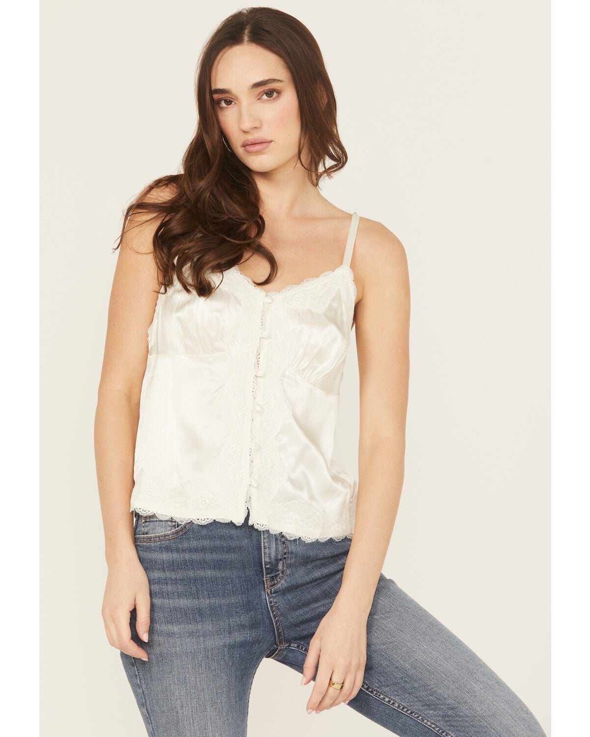 Image #1 - Shyanne Women's Lace Trim Satin Cami, Cream, hi-res