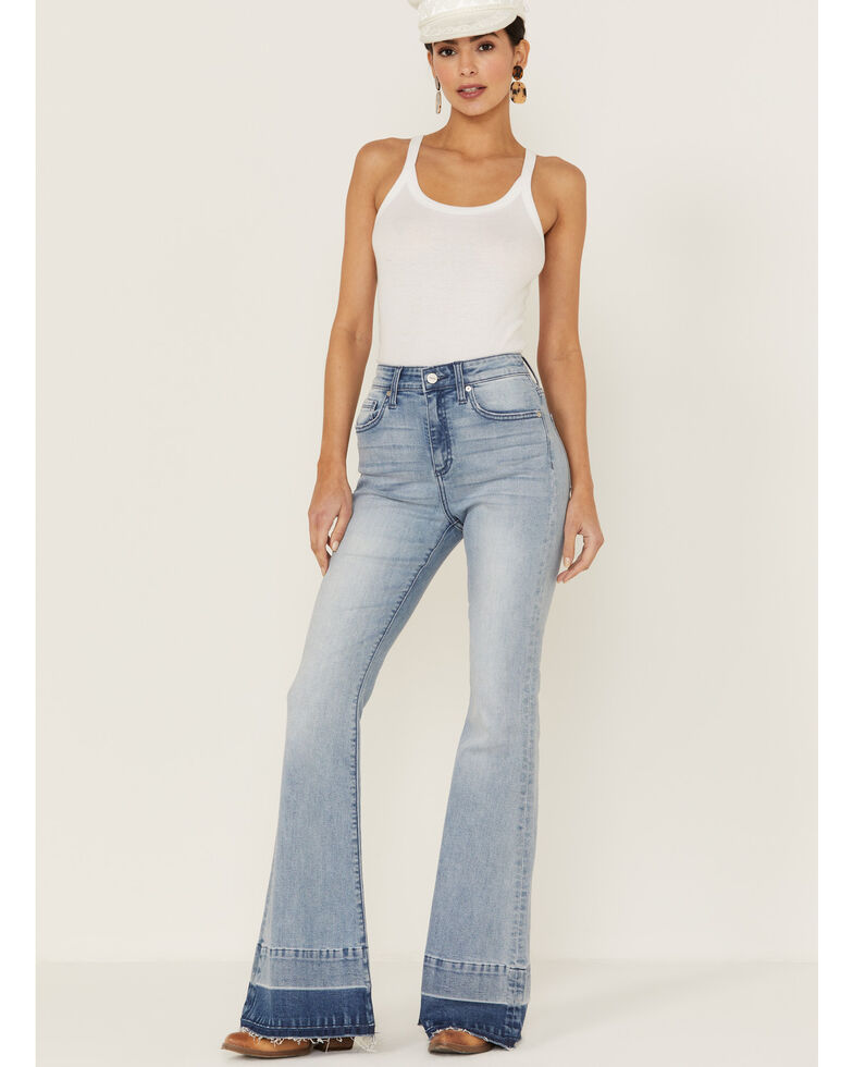 Ceros Women's High Rise Flare Double Released Hem Jeans, Blue, hi-res