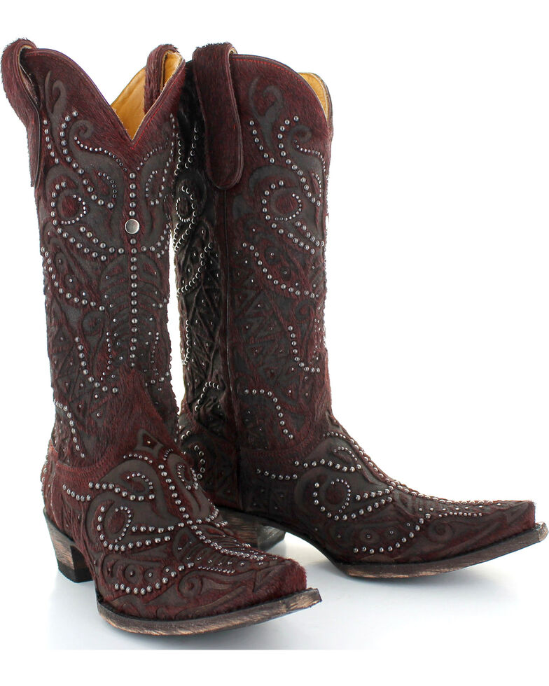 Old Gringo Women's Rowan Red Hair-On-Hide Studded Boots - Snip Toe , Red, hi-res