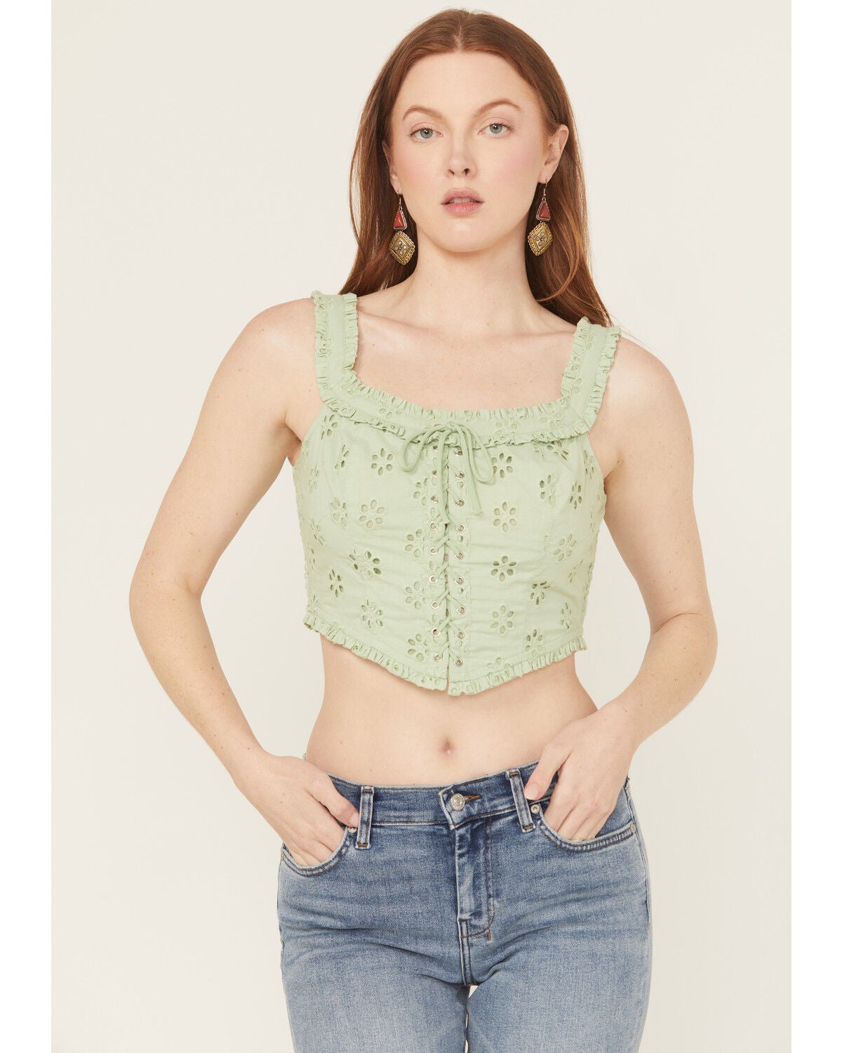 Rock & Roll Denim Women's Sleeveless Eyelet Corset Style Top, Jade, hi-res