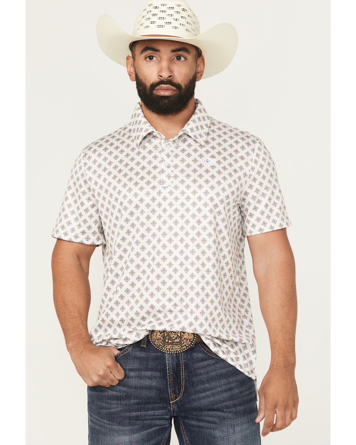 Image #1 - Rock & Roll Denim Men's Geo Print Short Sleeve Button-Down Stretch Polo Shirt, Natural, hi-res