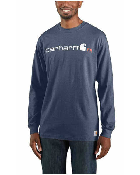 Image #1 - Carhartt Men's FR Force Midweight Logo Long Sleeve Work T-Shirt , Dark Blue, hi-res