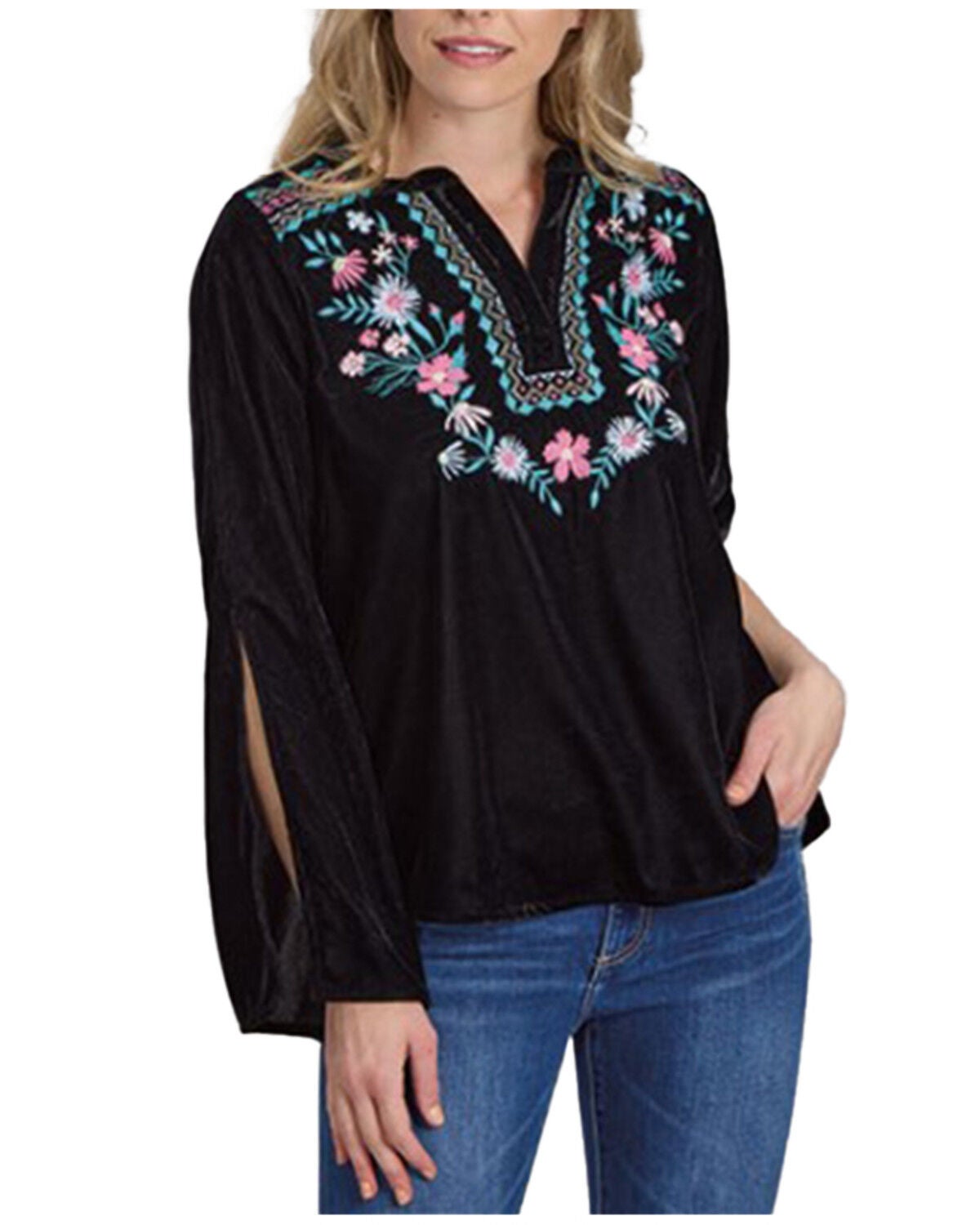 Roper Women's Floral Embroidered Velvet Long Sleeve Blouse, Black, hi-res