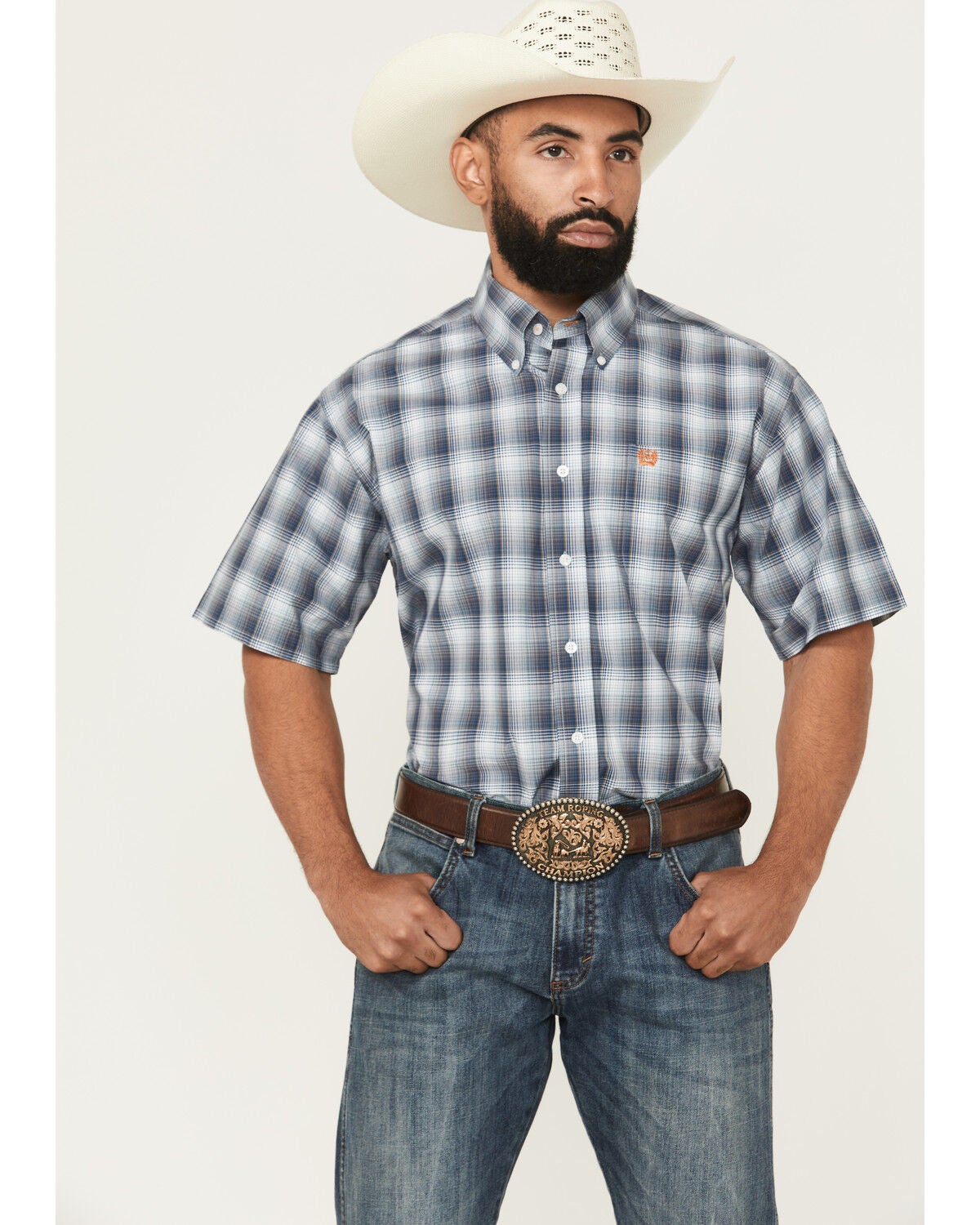 Cinch Men's Plaid Print Short Sleeve Button-Down Western Shirt, Multi, hi-res