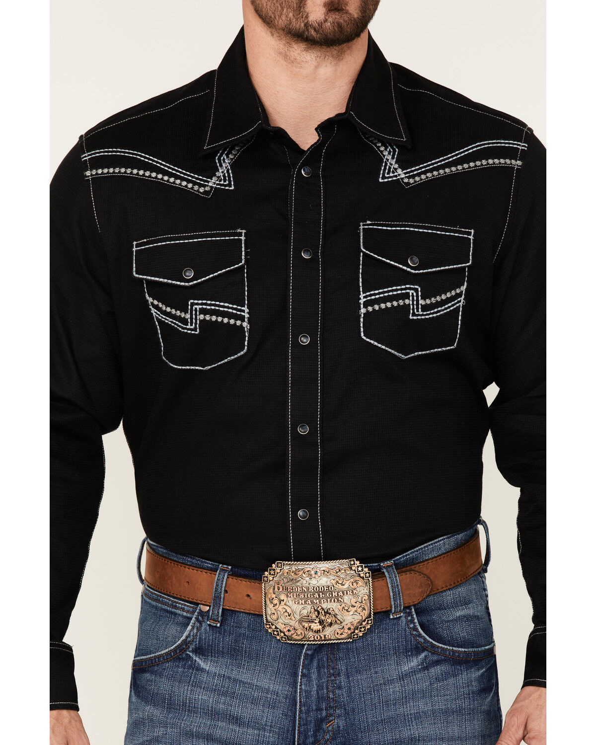 Image #3 - Rock 47 By Wrangler Men's Solid Embroidered Long Sleeve Snap Western Shirt, Black, hi-res