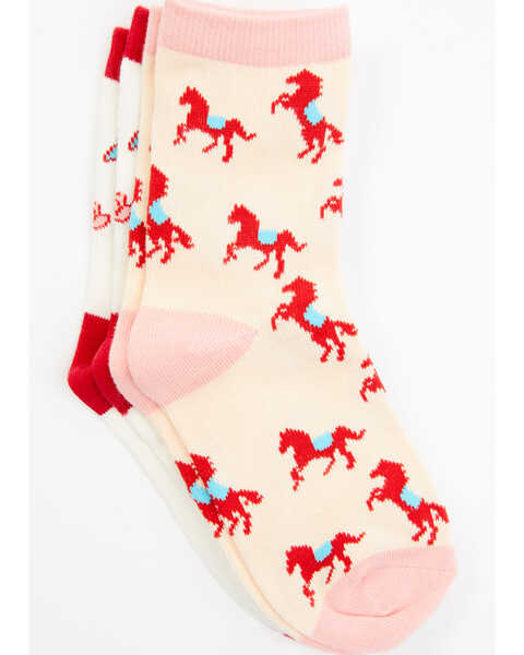 Image #2 - RANK 45® Girls' Floral & Horse Print Crew Socks - 2-Pack, Pink, hi-res