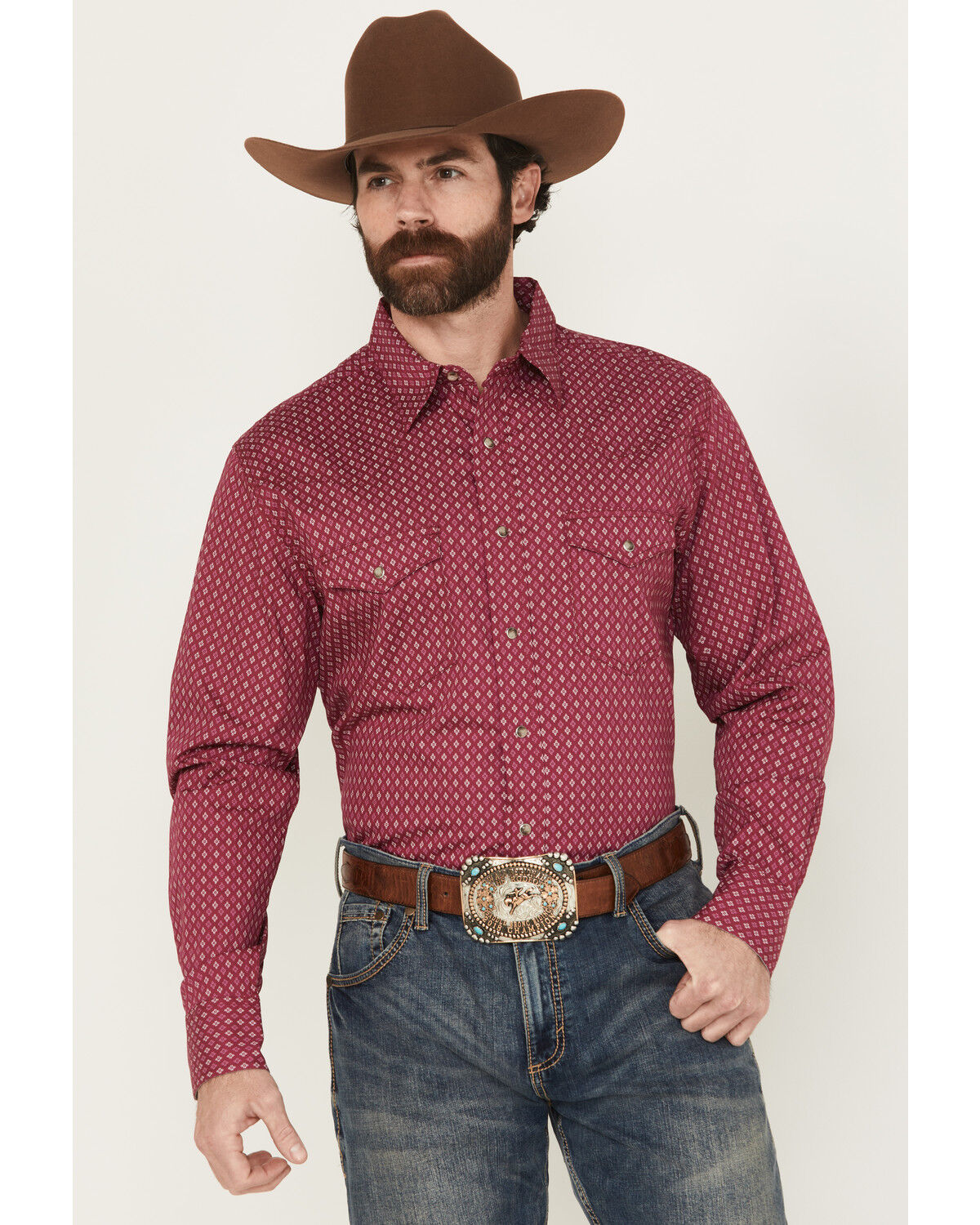 Image #1 - Wrangler Men's 20X Geo Print Long Sleeve Snap Stretch Western Shirt, Wine, hi-res