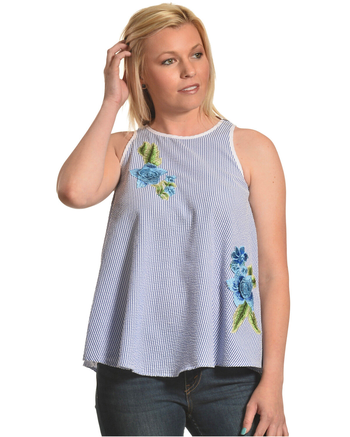 Image #1 - CES FEMME Women's Striped Sleeveless Top, Blue, hi-res