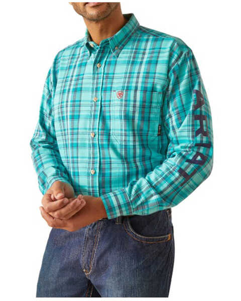 Ariat Men's FR Bobcat Logo Plaid Print Long Sleeve Button-Down Work Shirt , Turquoise, hi-res