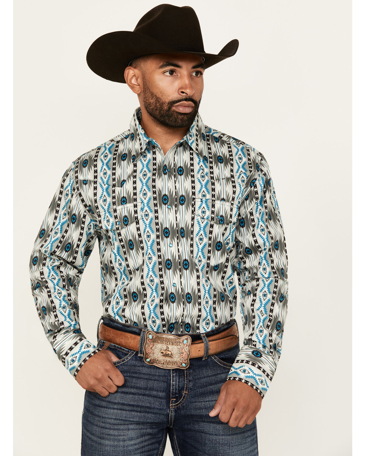 Image #1 - Wrangler Men's Checotah Southwestern Print Long Sleeve Snap Western Shirt - Big, Multi, hi-res