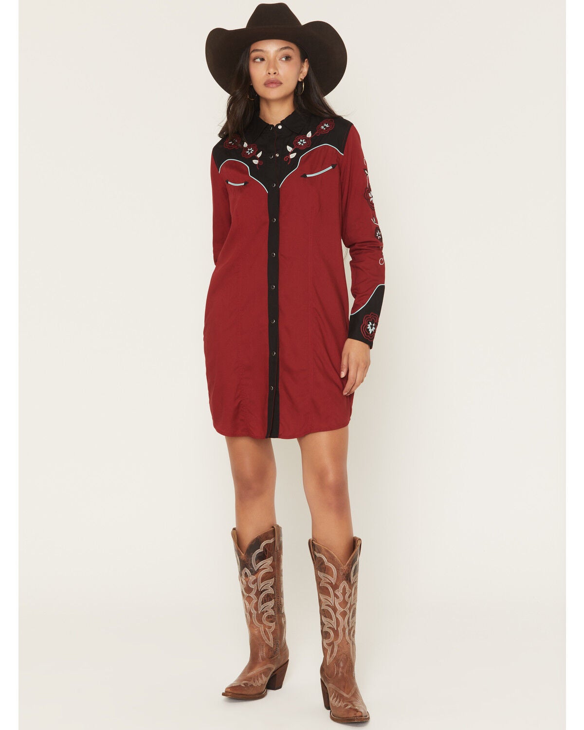 Image #1 - Panhandle Slim Women's Boot Barn Exclusive Long Sleeve Retro Embroidered Challis Mini Dress, Burgundy, hi-res