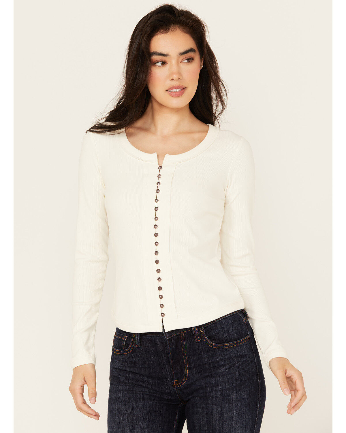 Image #1 - Idyllwind Women's Rib Knit Long Sleeve Button-Down Shirt, Ivory, hi-res