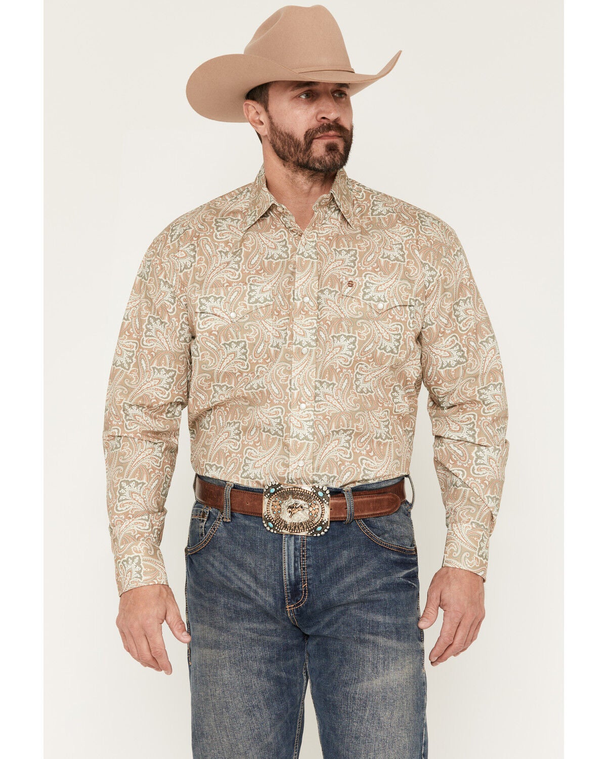 Stetson Men's Paisley Print Long Sleeve Pearl Snap Western Shirt, Tan, hi-res