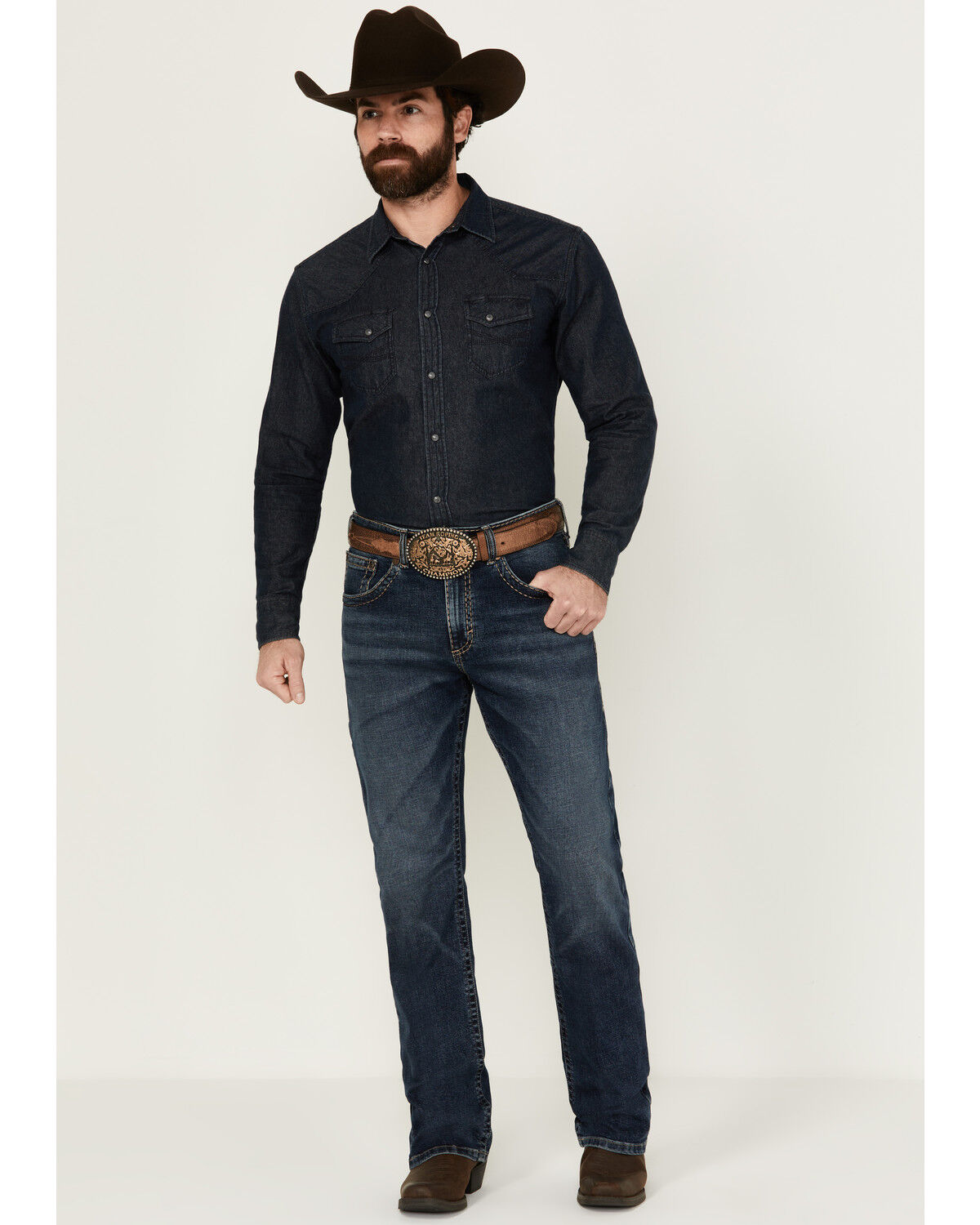 Image #1 - Rock 47 by Wrangler Men's Cowboy Hat Dark Wash Slim Bootcut Stretch Denim Jeans, Dark Medium Wash, hi-res