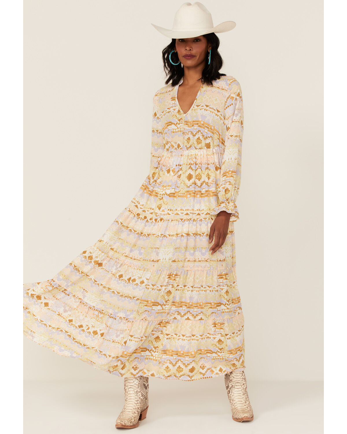 Image #2 - Shyanne Women's Watercolor Southwestern Long Sleeve Maxi Dress, Ivory, hi-res