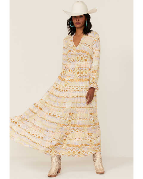 Image #2 - Shyanne Women's Watercolor Southwestern Maxi Long Sleeve Dress, Ivory, hi-res