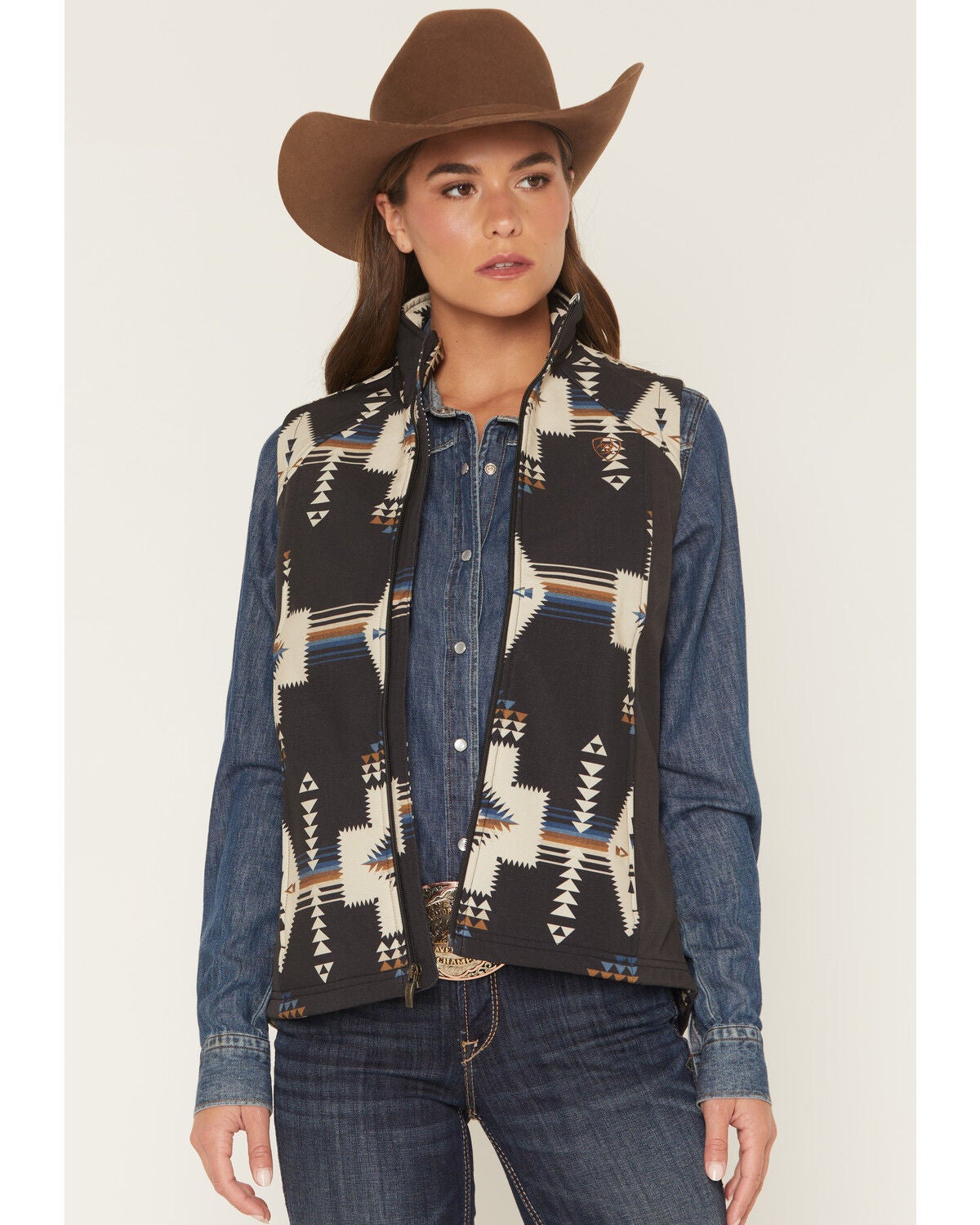 Image #1 - Ariat Women's Logo Softshell Print Vest, Grey, hi-res
