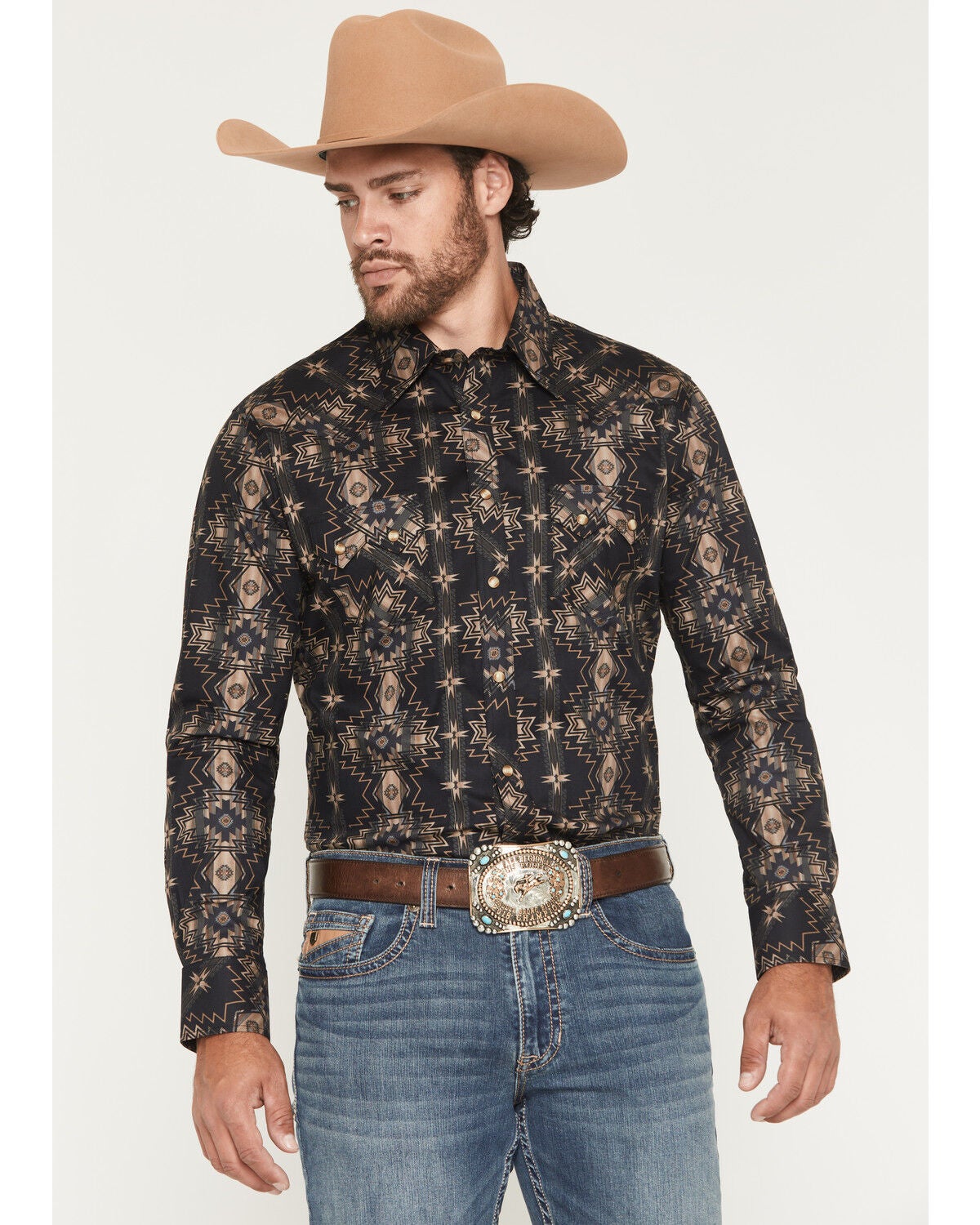 Image #1 - Rock & Roll Denim Men's Southwestern Print Long Sleeve Snap Stretch Western Shirt, Black, hi-res