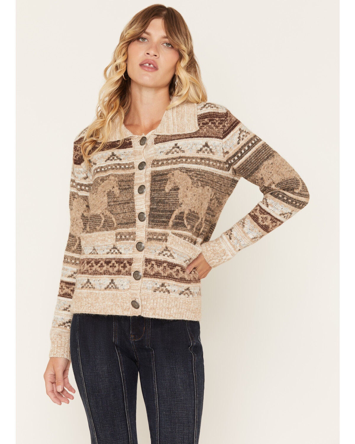 Cotton & Rye Women's Heathered Horse Cardigan, Tan, hi-res