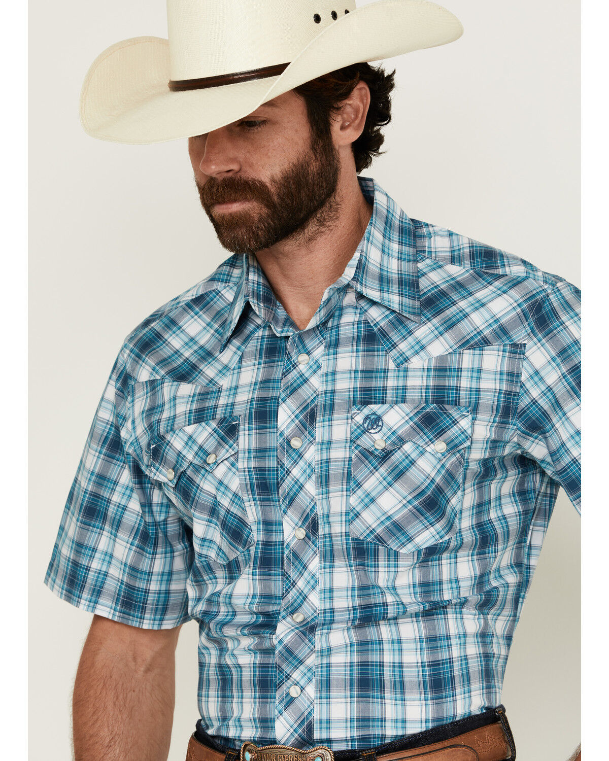 Image #2 - Wrangler Retro Men's Plaid Print Short Sleeve Snap Western Shirt, Turquoise, hi-res