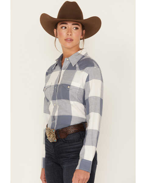 Image #2 - Wrangler Women's Buffalo Check Print Long Sleeve Western Flannel Snap Shirt, Blue/white, hi-res